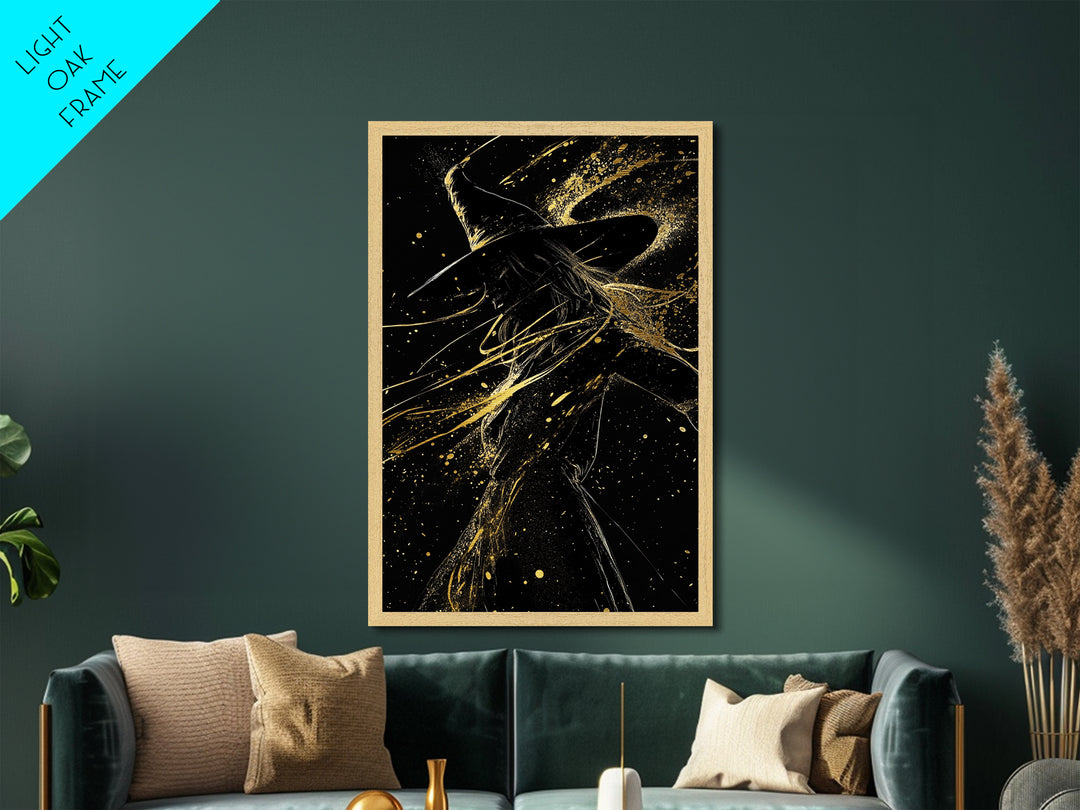 Witch Under Full Moon Metallic Gold Art Metal Art Halloween Spooky Season Silhouette Framed in Natural Real Wood