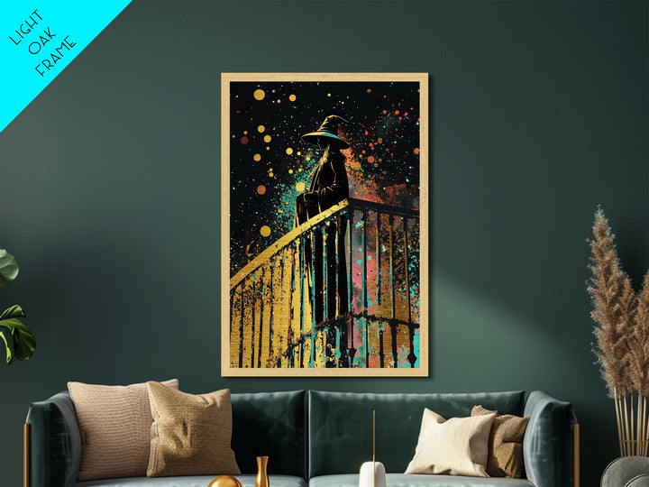 Haunted Staircase Witch Portrait Metallic Gold Art Metal Art Creepy Gothic Halloween Wall Decor in Real Wood Frame