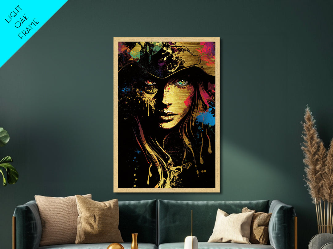 Halloween Horror Witch Face Metallic Gold Art Metal Art Spooky Gothic Haunted Artwork Framed with Natural Wood