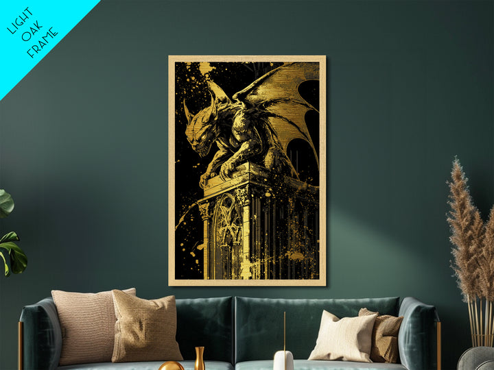 Metallic Gold Art Gargoyle Halloween Wall Art | Gothic Monster Metal Art with Real Wood Frame | Spooky Dark Fantasy Haunted Decor