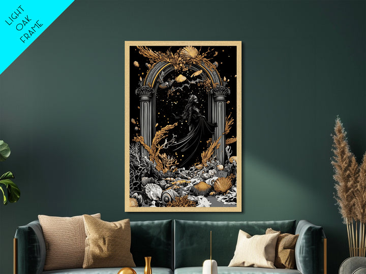 Gothic Arch Witch Metallic Gold Art | Haunted Coral Sea Metal Art | Halloween Wall Décor Framed in Real Wood