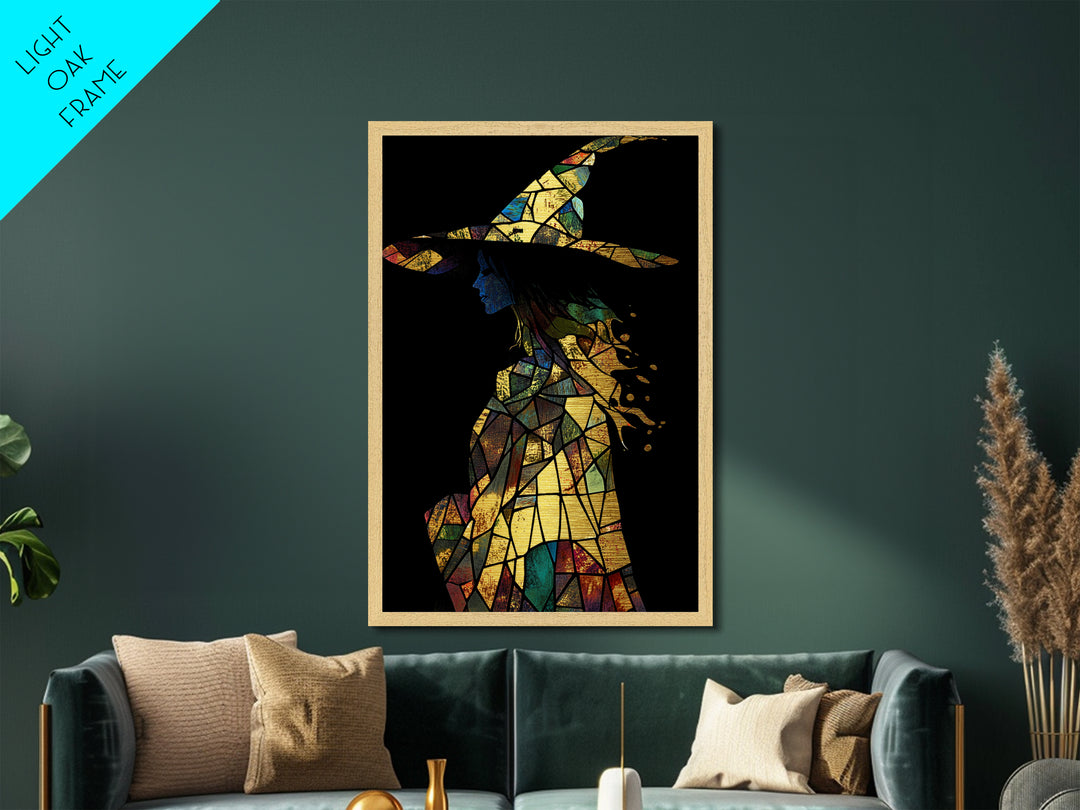 Stained Glass Witch Silhouette | Vibrant Halloween Metallic Gold Art | Witchy Metal Art in Natural Wood Frame
