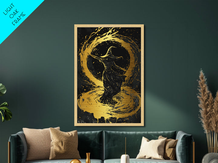 Witch Casting Spell Metallic Gold Art | Enchanted Magic Circle Metal Art | Gothic Halloween Wall Hanging with Wood Frame