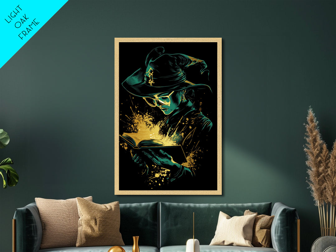 Witch Reading Spellbook Metallic Gold Art | Gothic Sorcery Metal Art | Halloween Wall Décor in Framed Real Wood