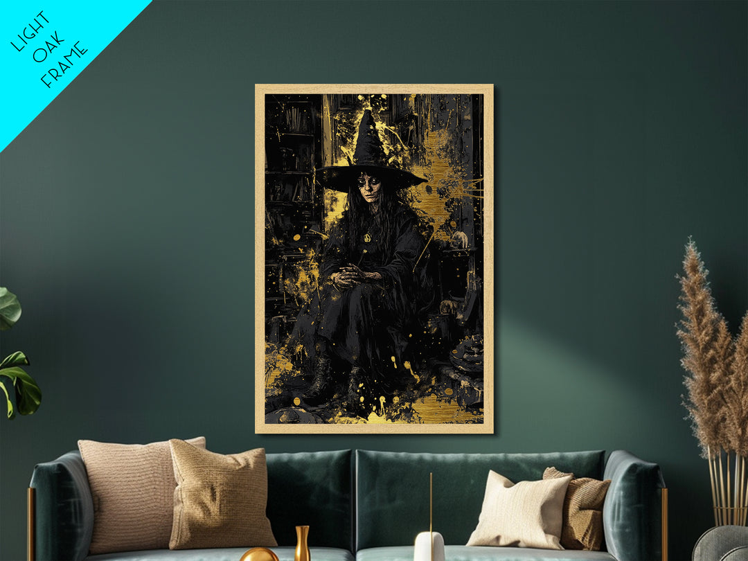 Dark Gothic Witch Metallic Gold Art | Spooky Sorceress Metal Art | Halloween Wall Hanging with Real Wood Frame