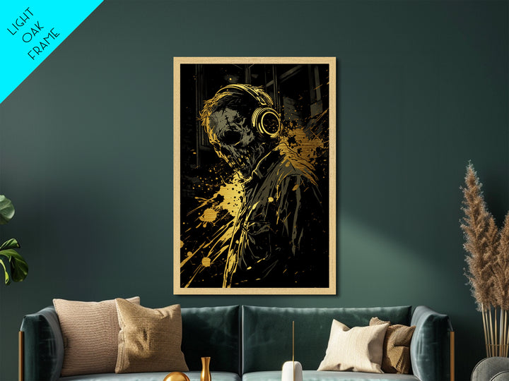 Haunted Skull With Headphones Metallic Gold Art, Creepy Music Lover Metal Art In Real Wood Frame, Gothic Horror Halloween Decor