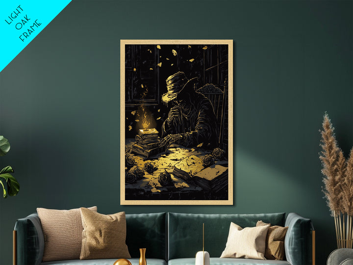 Grim Reaper Candlelight Study Metallic Gold Art, Gothic Horror Metal Art Framed In Rustic Wood, Spooky Halloween Skeleton Decor
