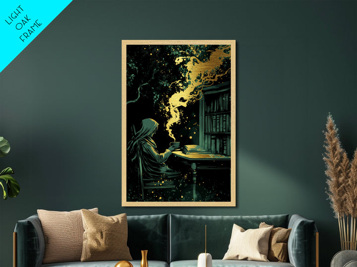 Mystical Witch Reading Metallic Gold Art, Spooky Gothic Library Scene Metal Art In Handcrafted Real Wood Frame For Halloween