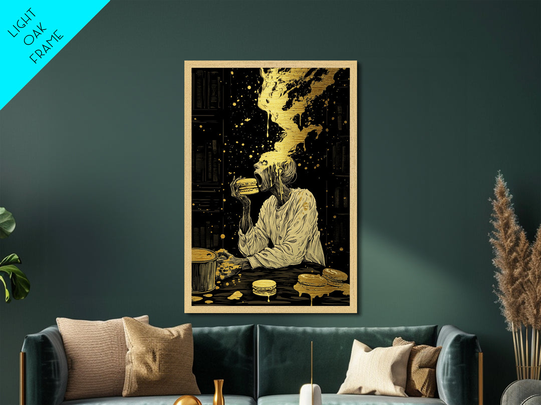 Ghastly Feast Burger Metallic Gold Art, Creepy Halloween Dining Metal Art Framed In Wood, Spooky Horror Wall Decor For Haunted Homes