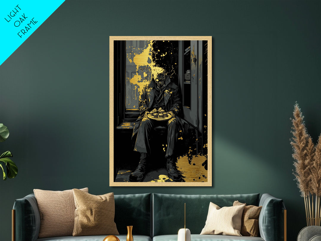 Dark Masked Stranger With Cupcakes Metallic Gold Art, Gothic Horror Metal Art Halloween Accent Framed In Authentic Wood Frame