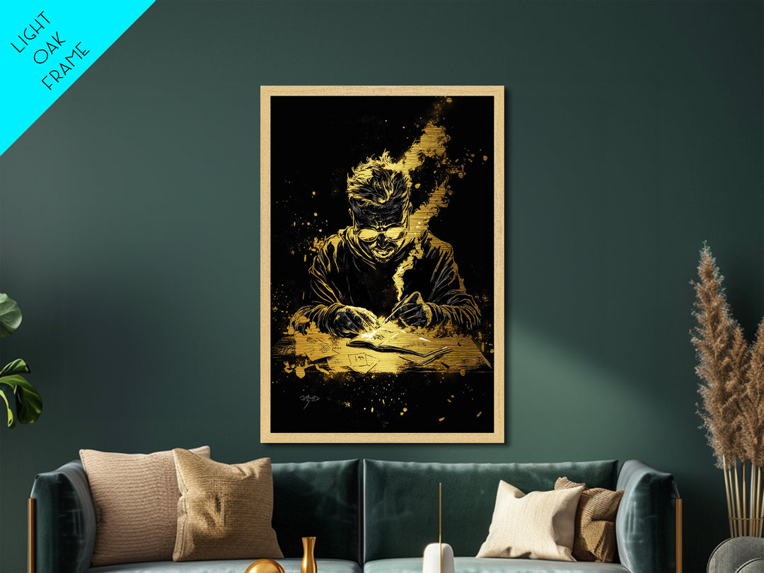 Haunted Writer Metallic Gold Art Metal Art Gothic Spooky Halloween Print with Real Wood Frame for Dark Academia Wall Decor
