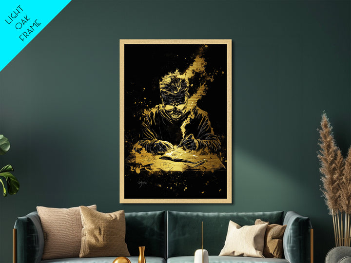 Haunted Writer Metallic Gold Art Metal Art Gothic Spooky Halloween Print with Real Wood Frame for Dark Academia Wall Decor