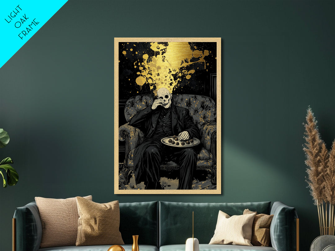 Skeletal Host Metallic Gold Art Metal Art Haunted Gothic Halloween Portrait Print with Wood Frame for Spooky Macabre Decor