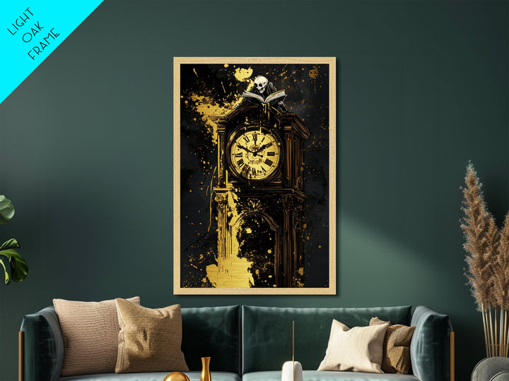 Haunted Grandfather Clock Metallic Gold Art Metal Art Gothic Halloween Decor Framed in Natural Real Wood for Spooky Home