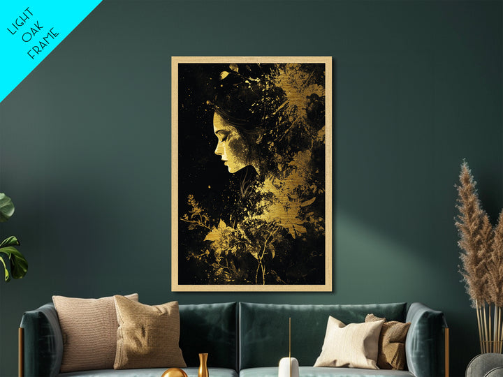 Metallic Gold Art Haunted Floral Woman Wall Decor | Spooky Witchy Metal Art with Real Wood Frame | Halloween Gothic Dark Bloom Design