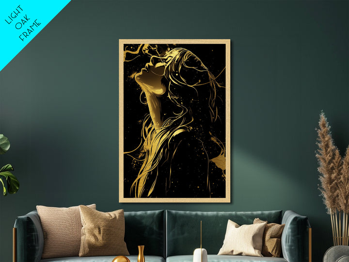 Gold Line Art Witch in Wind – Metallic Gold Art, Halloween Metal Art Print with Real Wood Frame, Stylish Spooky Season Decor