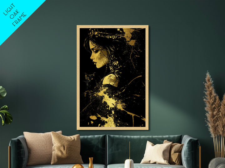 Metallic Gold Art Witch with Black Cat Halloween Wall Art | Spooky Gothic Metal Art with Real Wood Frame | Haunted Dark Witch Decor