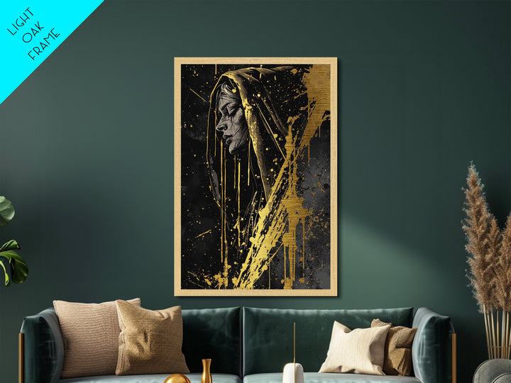 Haunted Hooded Woman Portrait Metallic Gold Art Metal Art, Gothic Halloween Wall Decor Framed in Natural Real Wood