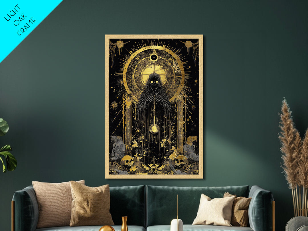 Occult Skeleton Priest Metallic Gold Art Metal Art, Creepy Gothic Horror Wall Hanging with Real Wood Frame