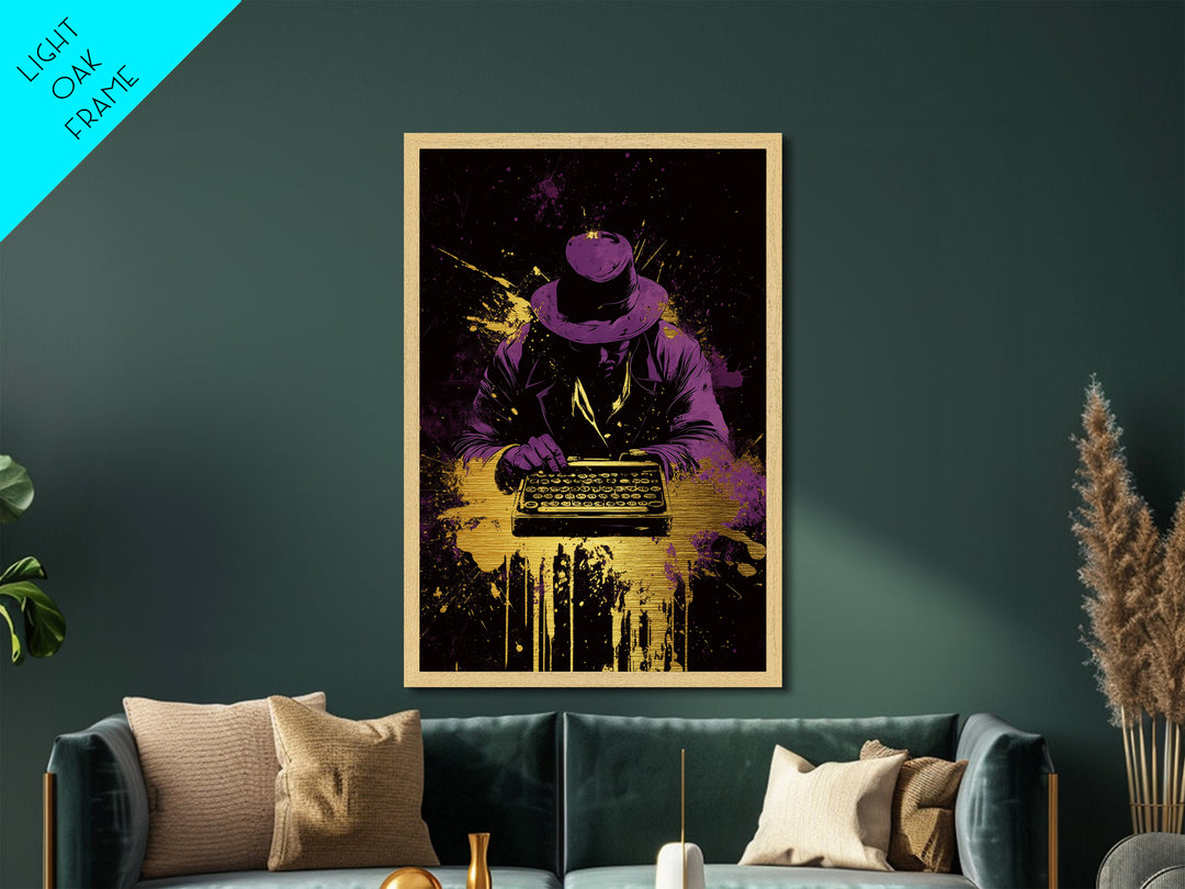 Noir Detective Writer Metallic Gold Art Metal Art, Spooky Halloween Mystery Decor with Solid Real Wood Frame