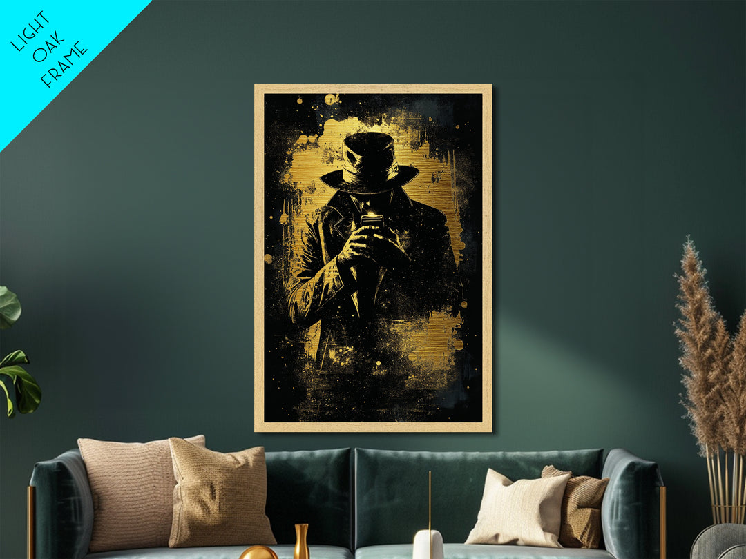 Creepy Hooded Detective Metallic Gold Art Metal Art, Haunted Noir Gothic Wall Art Halloween Style in Real Wood Frame