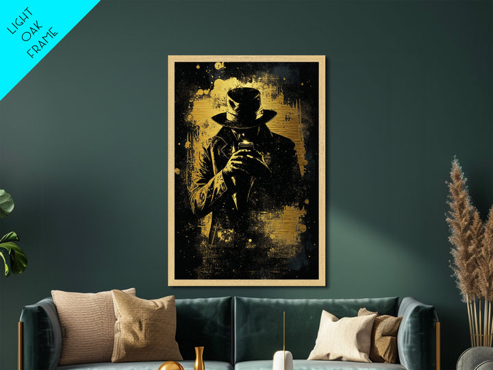 Creepy Hooded Detective Metallic Gold Art Metal Art, Haunted Noir Gothic Wall Art Halloween Style in Real Wood Frame