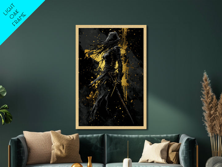 Dark Assassin Silhouette Metallic Gold Art Metal Art, Gothic Spooky Halloween Warrior Decor in a Real Wood Frame