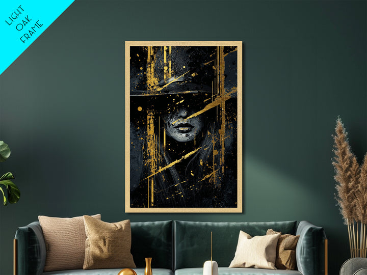 Haunted Witch Metallic Gold Art Metal Art, Gothic Horror Halloween Wall Print with Real Wood Frame Design