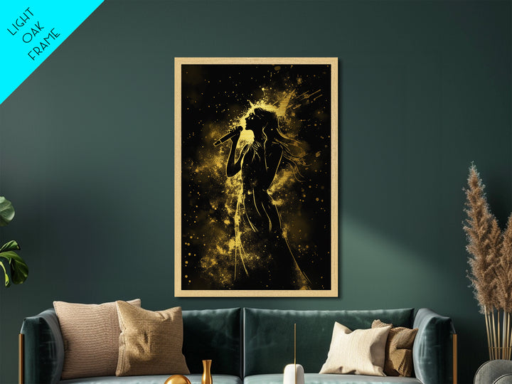 Singer in Starburst Gold Light – Metallic Gold Art, Spooky Halloween Metal Art with Real Wood Frame, Musical Halloween Wall Print