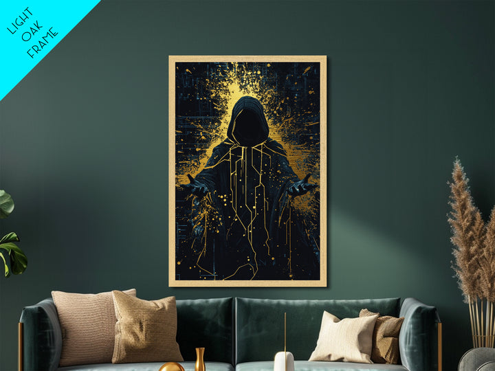 Hooded Cyber Mage Metallic Gold Art Metal Art, Futuristic Spooky Halloween Gothic Wall Art Framed in Solid Wood