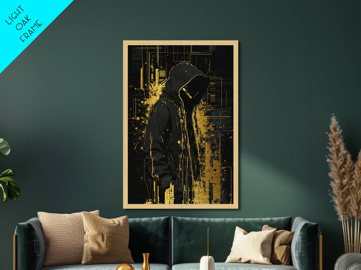 Hooded Phantom Wall Decor, Spooky Metallic Gold Art Metal Art for Halloween, Framed in Natural Real Wood Gothic Style