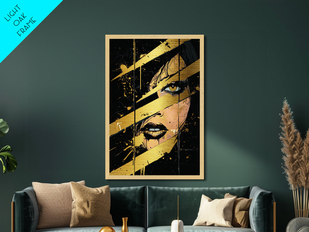 Creepy Woman’s Gaze with Claw Marks, Halloween Metallic Gold Art Metal Art, Spooky Wall Hanging in Real Wood Framed Design