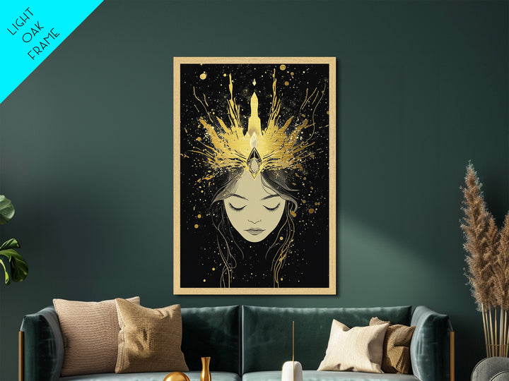 Crowned Sorceress Portrait, Halloween Metallic Gold Art Metal Art, Gothic Witchy Wall Decor in Natural Wood Frame