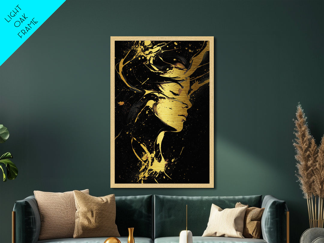 Haunted Woman in Golden Swirls, Halloween Metallic Gold Art Metal Art, Gothic Spooky Season Wall Hanging with Real Wood Frame