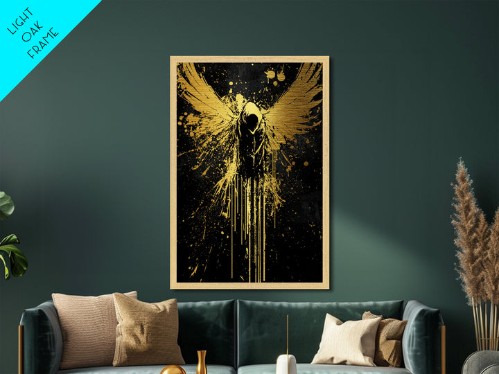 Dark Angel with Wings Spread, Halloween Metallic Gold Art Metal Art, Spooky Gothic Wall Hanging in Framed Real Wood Design