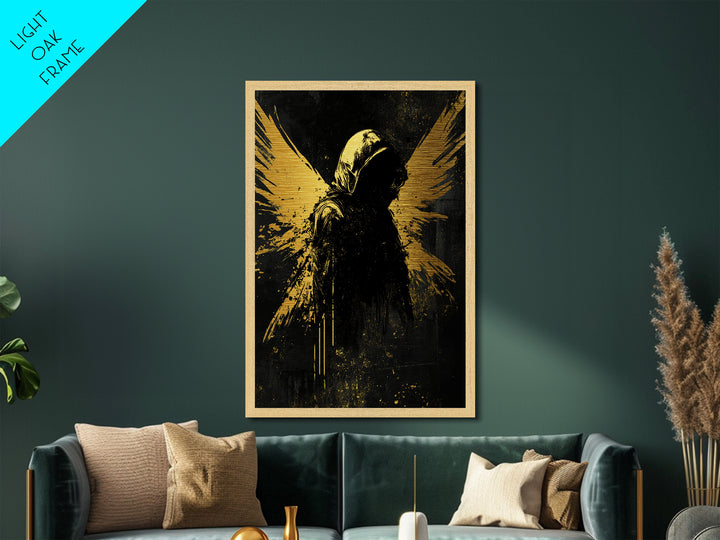 Shadowy Winged Figure, Gothic Metallic Gold Art Metal Art for Haunted Wall Decor, Halloween Spooky Artwork in Real Wood Frame