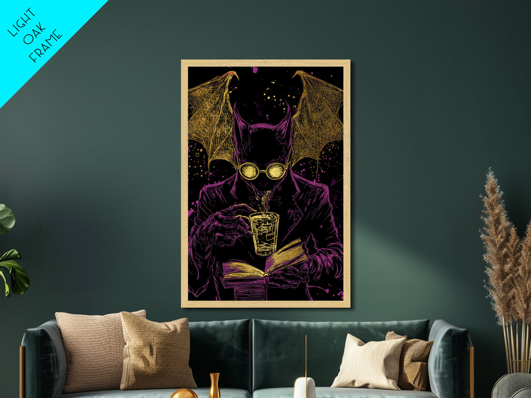 Bat Demon in Suit with Book – Metallic Gold Art, Spooky Vampire Metal Art with Real Wood Frame, Halloween Gothic Wall Decor