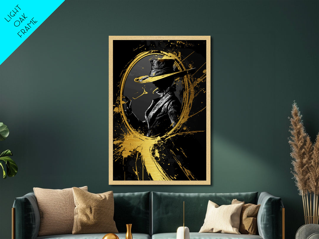Haunted Hat Silhouette in Oval Frame, Spooky Halloween Metallic Gold Art Metal Art, Gothic Wall Hanging with Real Wood Frame