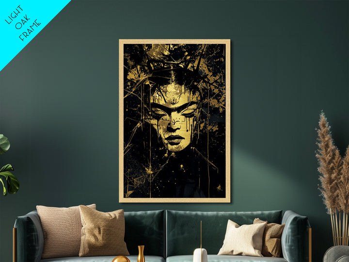 Dark Gothic Face with Crown, Horror Metallic Gold Art Metal Art, Framed Spooky Halloween Portrait in Authentic Wood Frame