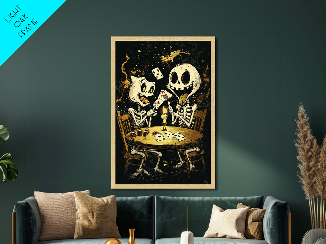 Eerie Shrouded Skeleton Holding Chess Piece, Metallic Gold Art, Spooky Gothic Metal Art Wall Hanging with Wood Frame