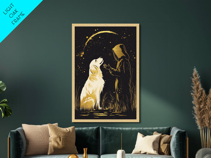 Ghostly Figure in Splattered Gold, Metallic Gold Art Metal Art Print, Framed Halloween Horror Scene in Natural Wood Frame