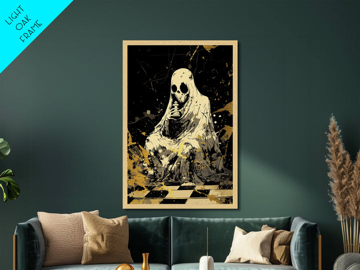Golden Dog and Hooded Figure, Metallic Gold Art, Spooky Season Metal Art Print Framed in Real Wood, Halloween Wall Decor