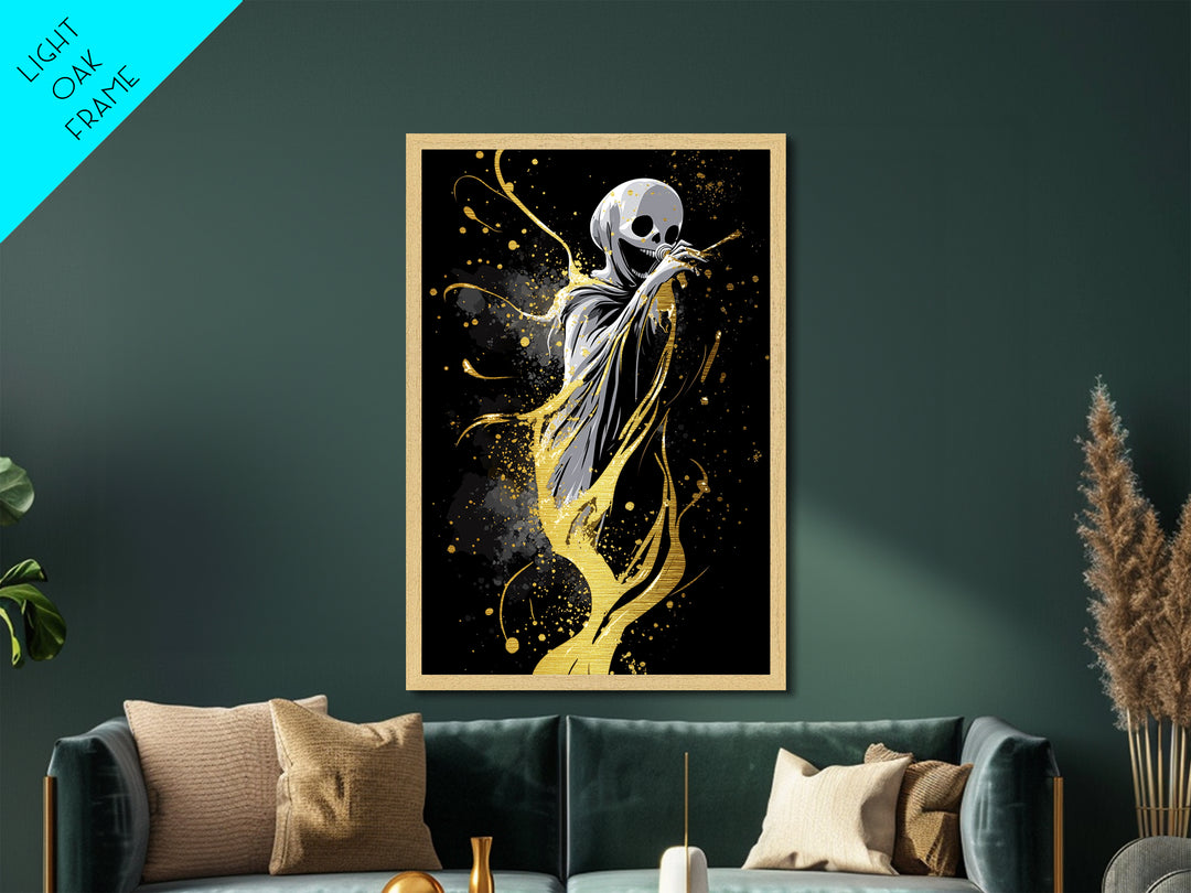 Mystic Masked Woman with Feathers, Gothic Metallic Gold Art, Spooky Season Metal Art Print Framed in Authentic Wood