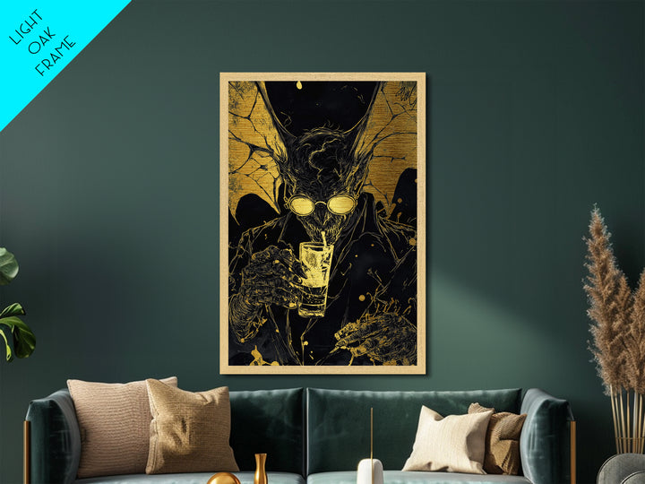Gold Splatter Demon with Drink – Metallic Gold Art, Halloween Horror Metal Art in Real Wood Frame, Gothic Vampire Wall Print