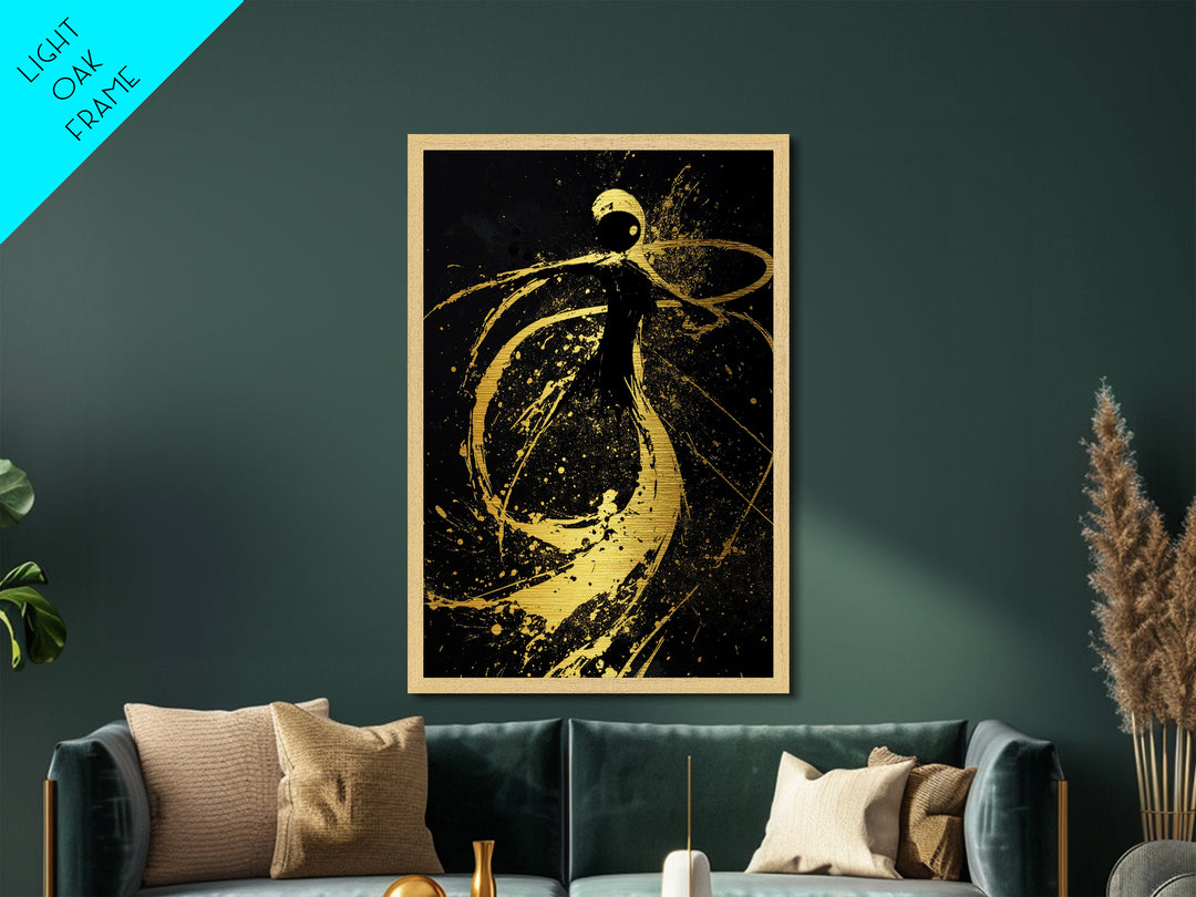 Swirling Spirit in Splatter Style, Metallic Gold Art Metal Art Print, Haunted Halloween Wall Decor with Framing in Real Wood
