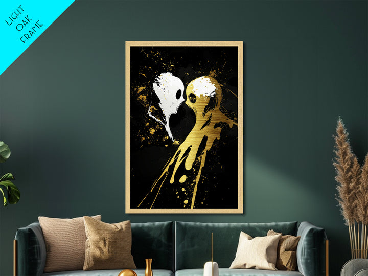 Haunted Ghost Kiss Metallic Gold Art Metal Art Spooky Halloween Wall Decor framed in natural real wood gothic home accent