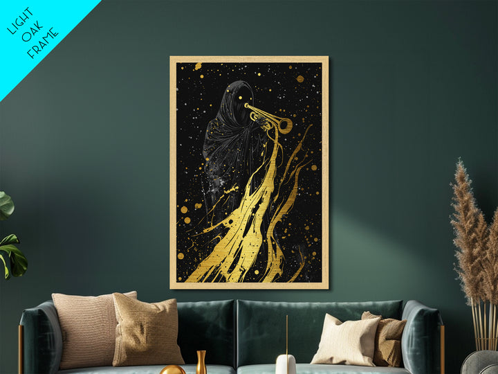 Reaper with Trumpet Metallic Gold Art Metal Art Spooky Halloween Gothic Wall Art in solid real wood frame horror wall décor