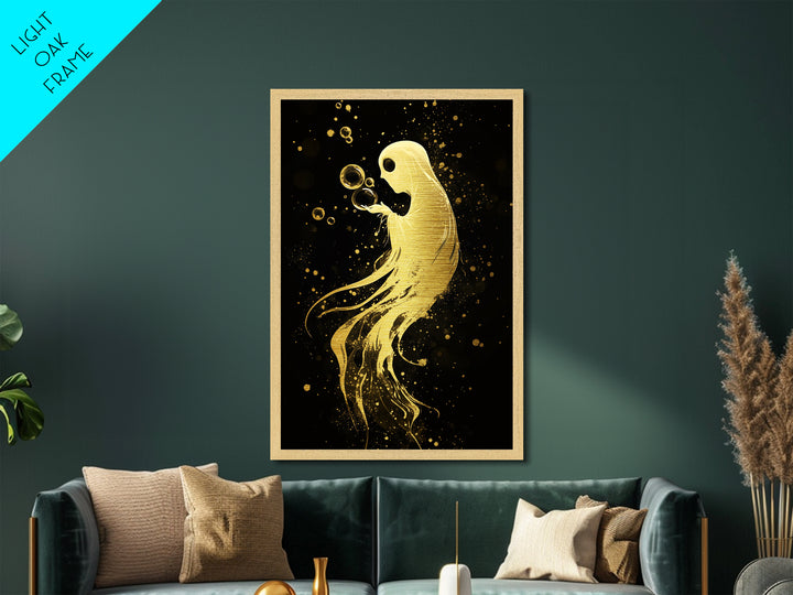 Floating Spirit with Bubbles Metallic Gold Art Metal Art Halloween Spooky Season Décor framed in authentic real wood wall art