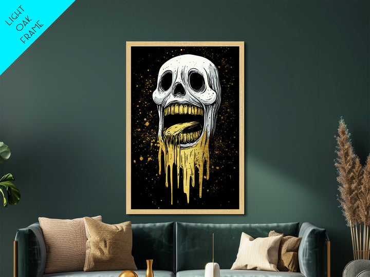 Melting Skull Horror Metallic Gold Art Metal Art Gothic Halloween Creepy Wall Hanging in rustic real wood frame spooky décor