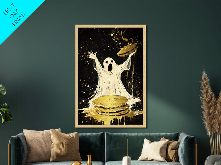 Ghost Pancake Breakfast Metallic Gold Art Metal Art Spooky Halloween Wall Décor framed in natural real wood playful haunted art